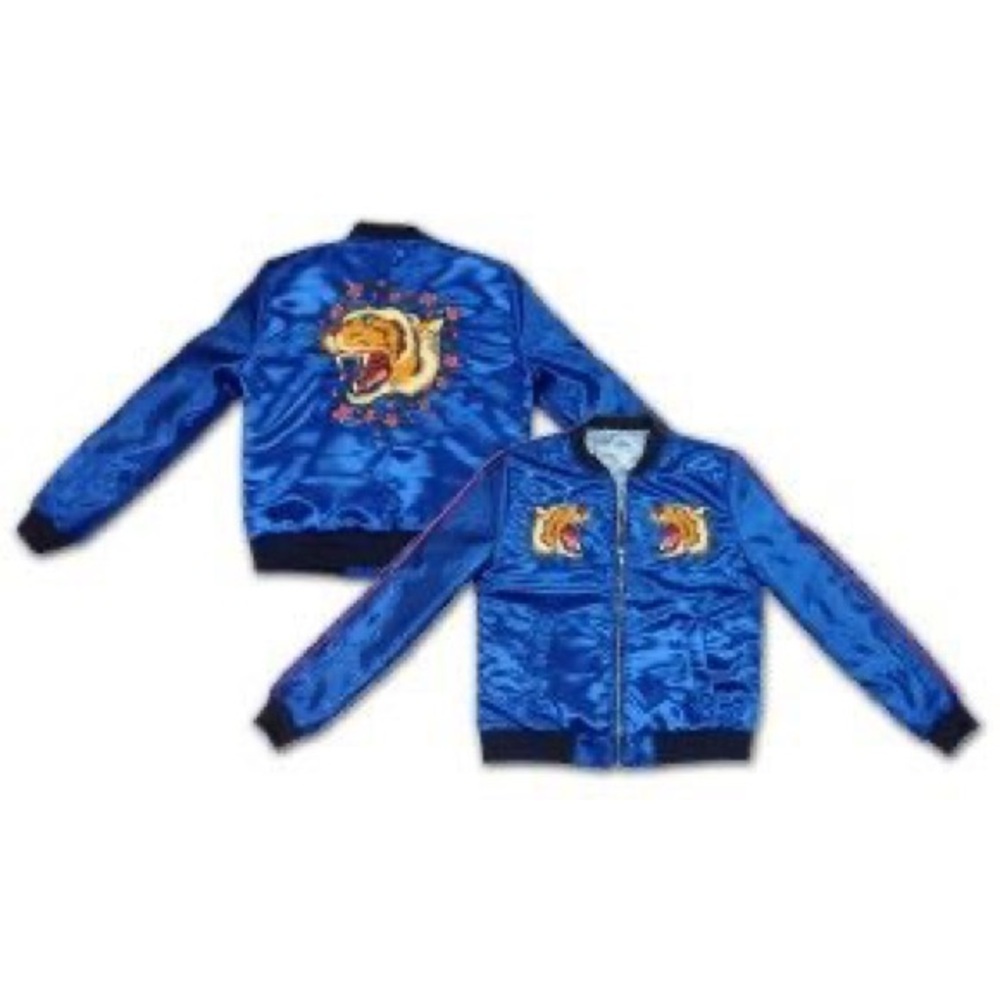 Blue Satin Jacket with Tiger Embroidery